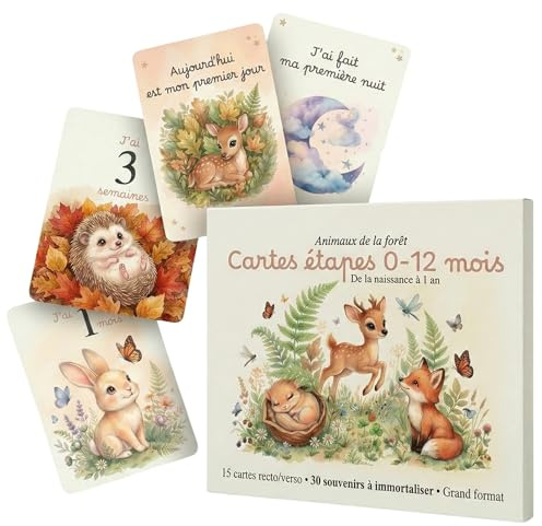 Cartes étapes bébé 0-12 mois – Animaux de la forêt – 15 cartes grand format 13x18 cm recto/verso – 30 souvenirs à immortaliser – Fabriqué en France – Idée cadeau naissance et baby shower