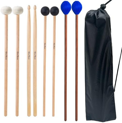 VixxNoxx Kit de mazos de batería - 4 pares (fieltro, goma, marimba, 5A) baquetas con bolsa, instrumentos de percusión, accesorios para principiantes para tambor de acero, bombo, platillos,