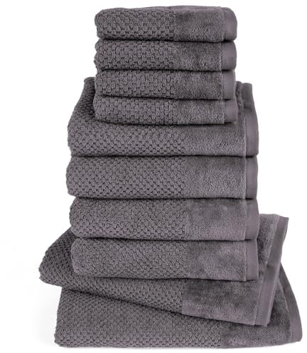 Pure Label 10-TLG. Handtücher Set mit Aufhängeschlaufen aus 100% Baumwolle, saugstark und weich - 2X Badetuch (70x140 cm) 4X Handtuch (50x100cm) 4X Gästetuch (30x50 cm), Anthrazit - Grau