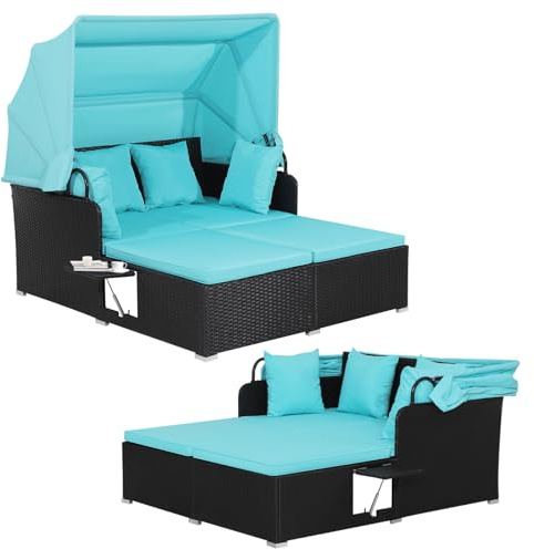 Multigot 2 Seater Rattan Daybed, Patio Double Wicker Recliner Sunbed with Retractable Canopy, 2 Folding Tables and Cushion, Outdoor Chaise Lounger Garden Furniture for Balcony Backyard (Turquoise)