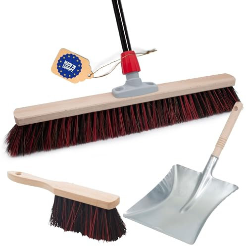 Novaliv Balai de rue avec manche, 60 cm, poils Arenga-Elaston avec balayette noire, composé d'une pelle et d'une balayette à main, idéal comme balai de jardin, de terrasse, d'écurie, balayette Outdoor