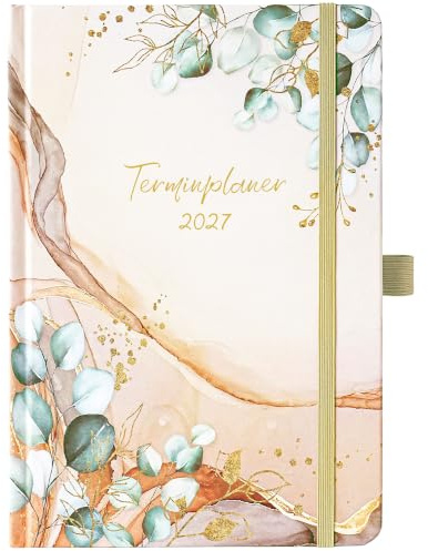 Terminplaner 2027 - A5 Kalender 2027, golden | Januar 2027 bis Dzember 2027, Wochenplaner 2027 mit Innentasche, Elastischer Verschluss