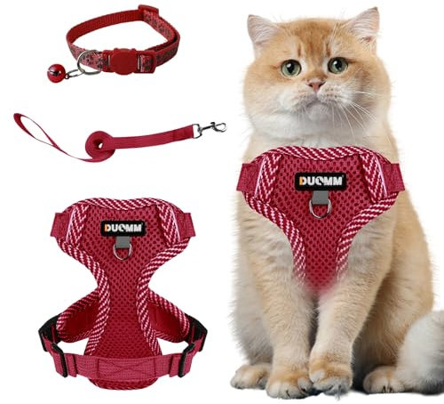 Muecleao Katzengeschirr mit Leine Ausbruchsicher, Katzenleine mit Geschirr für Katzen, Verstellbares Katzengeschirr Katzenhalsband mit Reflektierenden Streifen für Outdoor Training Gehen (Rot, M)