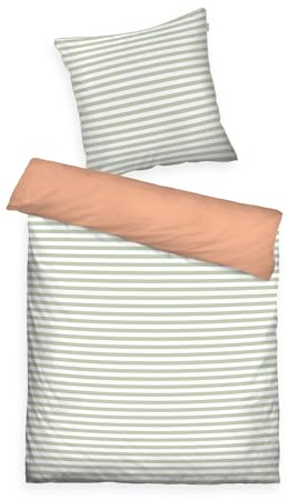 TOM TAILOR Linge de Lit, 65x100+160x210 cm, 100% Coton/Percale, Motif Réversible, Passepoil Coloré sur l'Oreiller et Fermeture Eclair, STRIPES WITH A KICK Vert Clair, Pêche (Green Leaf & Juicy Peach)