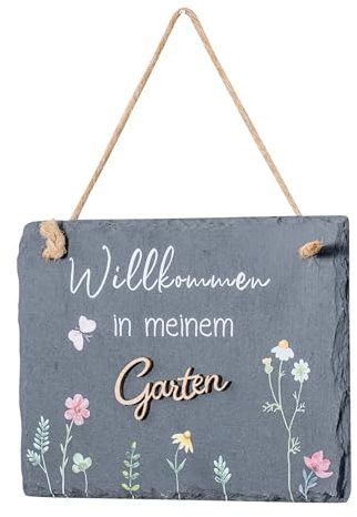 Schiefertafel Garten 20x15cm Willkommen Gartendeko Garten-Schild Wandbild Schwarz Geschenk Dekobild Wanddeko Tafel Sprüche Zitat