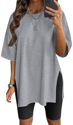 Women's Oversized T-Shirt Side Split Tees Yoga Tops Plus Size T Shirts Loose Fit Crew Neck Casual Workout Grey M