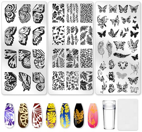 beinkmake 3Pcs Butterfly Nail Stamping Plate Set Floral Ginkgo Maple Leaves Stainless Steel Nail Stamp Templates Clear Silicone Nails Stamping with Stamper Scraper for Manicure Printing