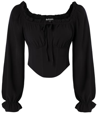 SCARLET DARKNESS - Haut court médiéval pour femme à manches longues, corset, top avec col carré, élastique à la taille, chemise de pirate, Noir , Large