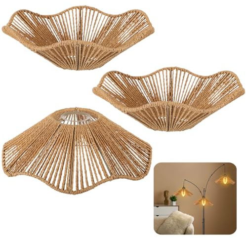 3PCS Rattan Lamp Shade,Bamboo Wicker Woven Lampshade Bell Shape with Scalloped Edge,Paper Rope & Metal Frame,Bohemian Style Replacement for Pendant Lights,Table Lamps,Wall Sconces