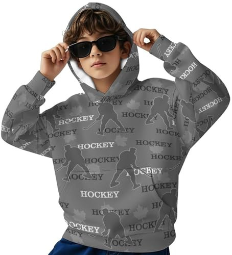 DZUAIKIT Hockey Players Print Kids Sweatshirt Boys Warm Pullover Hooded Girls Long Sleeve Thickened Hoodies for Teen Grey