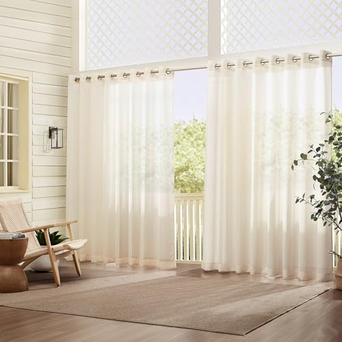 Elrene Home Fashions Carmen Sheer Extra-Wide Weatherproof Indoor/Outdoor Grommet Top Curtain Panel with Coordinating Tieback for Porch, Pergola, Patio, Deck, 114”W x 108”L, Ivory