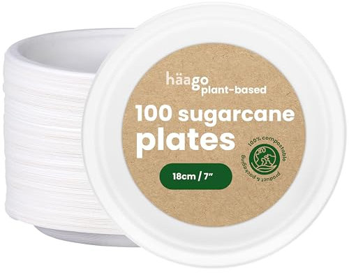 HAAGO 100 Zuckerrohr Einweg Dessertteller, 18cm - Kleine Pappteller, Partyteller für Geburtstage & Partys - Heim Kompostierbar & Biologisch Abbaubar