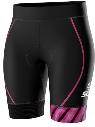 SLS3 Womens Triathlon FX Tri Bike Shorts | 6 inch Short Solid | Super Comfy with Soft Chamois | German Designed (Black/Bright Rose Stripes, Small)
