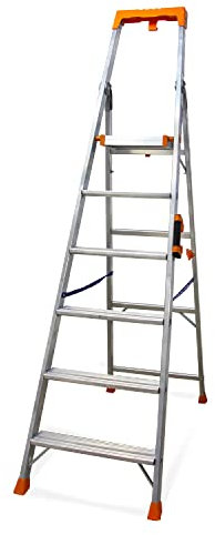 KELI - Échelle Pliable, Escabeau, Marchepied, Fabriqué en Aluminium, Qualité Professionnelle, Poignée de Transport Confort, Porte Outils ABS (6 Marches (Travail à 3,38m))