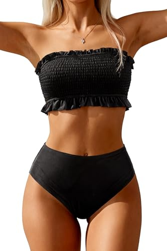 Tempt Me Black Women Bandeau High Waisted Bikini Sets Smocked Swimsuit Strapless Two Piece Bathing Suit S