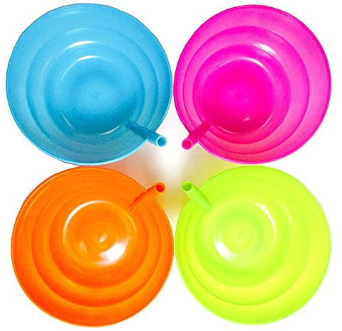 4 Kids Sip A Bowl Built in Straw Plate Plastic Cereal Soup Drink Snack Food Dish, Blue, Variable