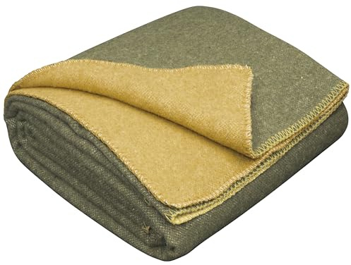 LYHome Manta Lana Merino - Plaid de Lana de Oveja para Viaje Militar Camping, Cubre para Sofa Cama, Mantas Sofas, Cobijas Calientes Invierno Verano (150 x 215 cm, Mostaza - Verde Oliva Doble-Cara)