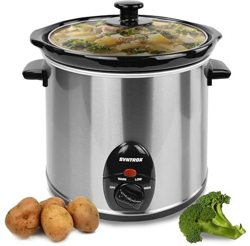 Syntrox 3,0 l Slow Cooker | Schmortopf | Schongarer | Multikocher Delira, Edelstahl, Warmhaltefunktion, Keramik Servierschüssel, rutschsichere Standfüße, Spülmaschinengeeignet