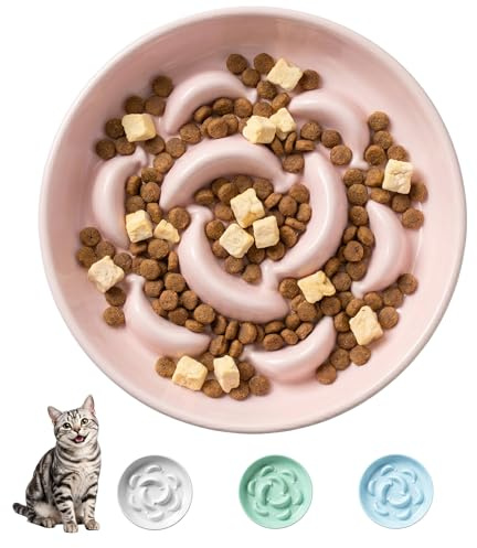 Gamelle Anti Glouton Céramique - Bol Nourriture Chat Anti Vomissement avec Labyrinthe Interactif - Rose Clair - 16 x 3 cm