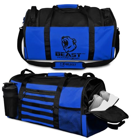 Beast Power Gear Borsone da palestra per allenamento, boxe, MMA, borsa sportiva con scomparto per scarpe e tracolla regolabile, per uomini e donne, Blu/nero., Borsone