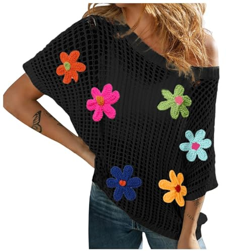 KBOPLEMQ Jersey de punto para mujer, de verano, de ganchillo, de manga corta, de punto, de encaje, cuello redondo, de ganchillo, con estampado de flores, camiseta de manga larga, Negro , XXL