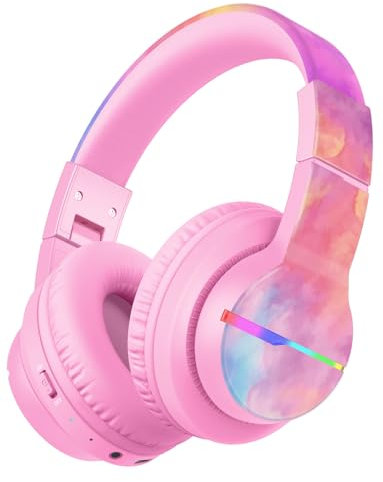 iClever Bluetooth Kids Headphones, BTH12 Colorful LED Lights Kids Wireless Headphones Over Ear with 74/85dBA Volume Limited, 85H Playtime, Bluetooth 5.2 for School/Tablet/PC, Colorful Pink