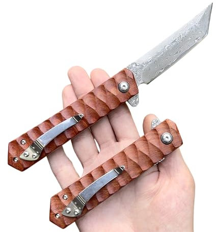 Obespina Couteau Pliant Poche Damas Tanto Style Japonais 67 Couches VG10 lame Tranchante Manche bois Collection Cadeau Homme chasse edc custom luxe acier forge artisanat decoupe camping