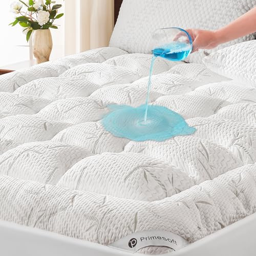PRIMESOFT 100% Waterproof Queen Size Mattress Topper, Thick Pillow Top Mattress Pad，Up to 21 Inch Deep Pocket,Soft Breathable Mattress Pad for Back Pain, Protector Cover(White)