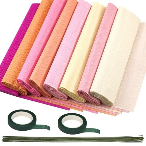 Keadic 8 Colors Crepe Paper Rolls, 9.8 x 98 Inch Wide Crepe Paper Sheets with 50 Pcs Floral Iron Wire,2 Green Floral Band for Birthday Parties Weddings Festival Decoration