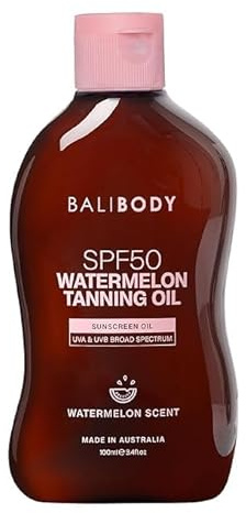 Bali Body Watermelon Tanning Oil SPF50 – Tanning Oil with SPF for Dark Glow Skin, Fast-Absorbing, Non-Greasy Formula, Hydrating, Travel Size, Cruelty-Free, Vegan Australian Made (100ml/3.4floz)