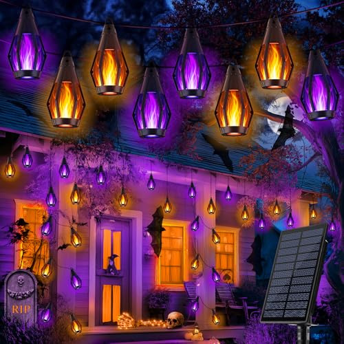 Joomer Luces de Halloween, 12,3M/40.4Ft Guirnaldas Luces Exterior Solar con Efecto de Llama, 15LED Guirnaldas Luz Exterior Solar Impermeables Halloween Decoracion para Patio Festival, Morado+Llama