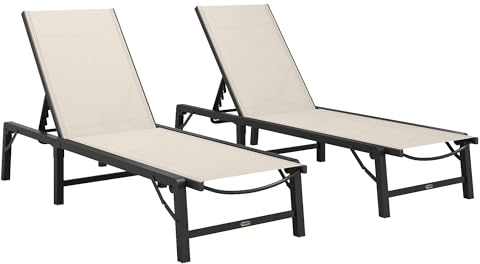 Outsunny Folding Sun Lounger Set of 2, 5-Position Adjustable Reclining Garden Loungers, Garden Chaise Lounge Sunbed Recliner Chairs with Steel Frame for Beach, Porch, Patio, Camping, Khaki