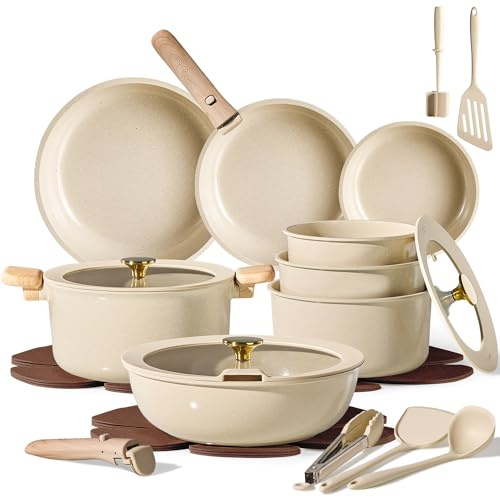 CAROTE 25PCS Ceramic Cookware Set, Pots and Pans set Non Stick, RV Kitchen Cooking Set Removable Handles, Oven Safe, Induction Cookware, Non-toxic Kitchen Cooking Set, PFAS Free