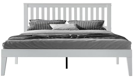 Queen Size Solid Wood Platform Bed Frame with Headboard & Footboard, Metal Legs with 12 Sturdy Slatted Structure, Easy Assembly, No Box Spring Needed, Anti-Noise & Slip-Free, Pure White Finish JPQ-39