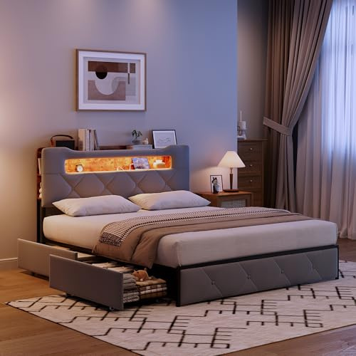 Camas Juveniles 160x200, Cama Doble Acolchada con 4 Cajones, Cama de Almacenamiento con Iluminación LED y Carga USB, para Adultos y Adolescentes, Terciopelo, Sin Colchón, Gris
