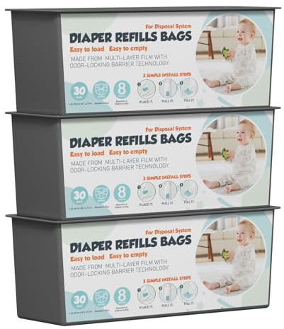 Sacchetti di ricarica per secchi per pannolini con 30 sacchetti (profumo di talco per bambini) compatibili con Genie Easy Roll Signature e Platinum, tecnologia a barriera antiodore a 7 strati