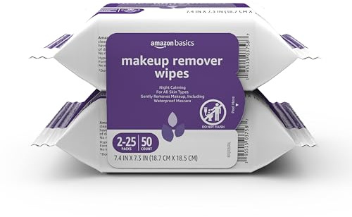Amazon Basics Makeup Remover Wipes, Gentle Cleansing, Dermatologist Tested, Night Calming, Plant Based, Alcohol-Free, Removes Waterproof Mascara, 25 Count Per Pack, Pack of 2