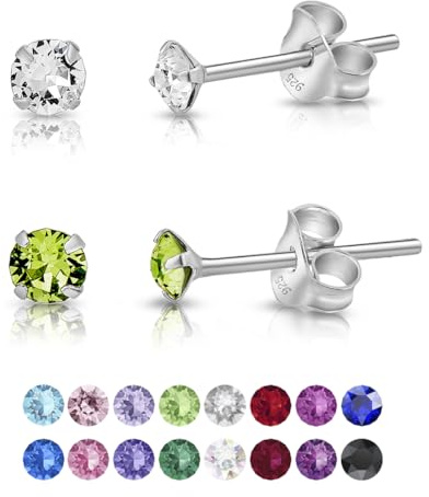 DTPsilver - 2 Paar WINZIGE Ohrringe 925 Sterling Silber mit Kristallen Runde Sehr KLEINE Ohrstecker - Durchmesser 3 mm - Farbe : klare Kristalle + Peridot