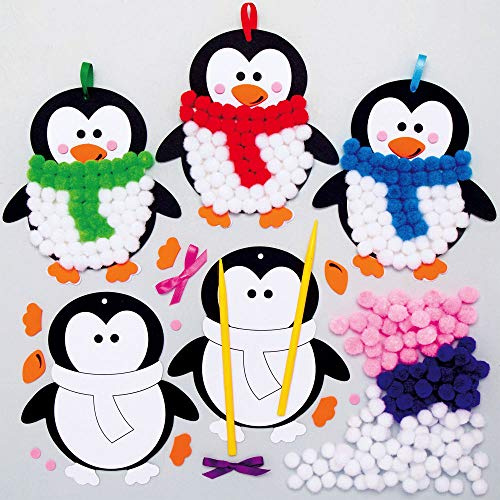 Baker Ross AX356 Kit Decoración Con Pompones Pingüino - Paquete De 5, Adornos De Árbol De Navidad Para Actividades De Artes Y Manualidades Infantiles