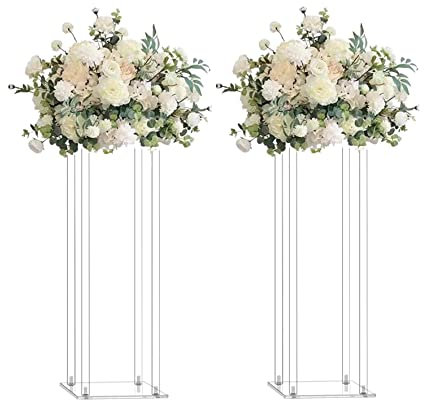 simprefine 2 Pack 32'' Tall 10'' Dia. Clear Floor Vase Wedding Decoration Table Centerpiece Crystal Acrylic Flower Stand Floral Display Rack Backdrop Column for Event Décor