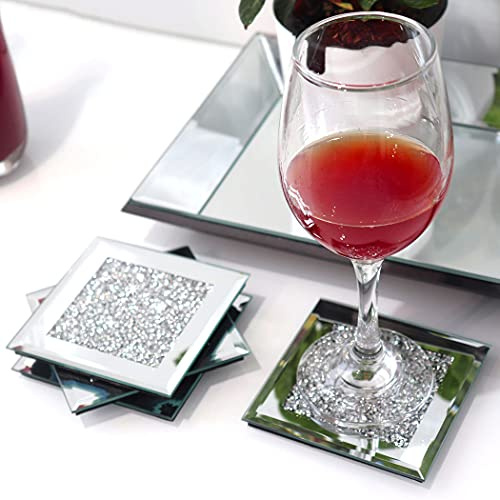 GIMORRTO Glass Mirrored Coaster 4 PC, Crushed Diamond Square Cup Mat 4 Decor on Tabletop for Bar Tools Dining Table