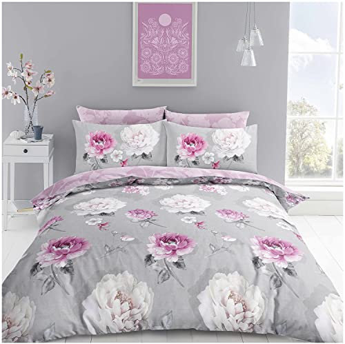 Super Dreamer Botanical Duvet Cover, Fitted Sheet With Pillow Cases, 4 Piece Floral Bedding & Linen, Complete Bed Set King Size, Grey/Blush Pink, 11693888