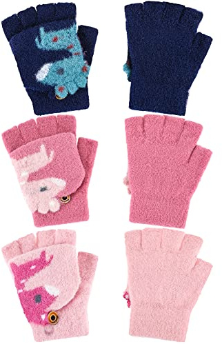 Bencailor 3 Paar Kinder Fingerlose Handschuhe Winter Warm Strick Halbfinger Flip Top Fäustlinge, 5-10 Jahre (Marineblau, Rosa, Rosa)