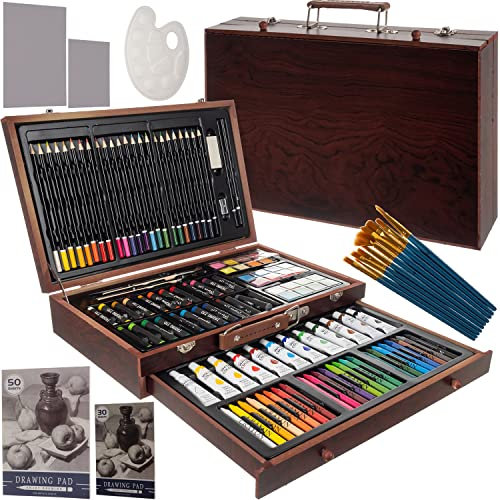 MAALEO Malkasten für Kinder 130 TLG Malkoffer Zeichenset Stifte Aquarellfarben Ölpastelle Wachsstifte Bleistifte Radiergummi Aquarellfarben Zeichenblock 21644