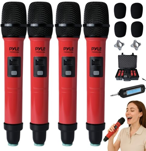 Pyle Portable UHF Band Receiver System, 4 Channel Wireless Microphone System Independent Channel Controls, RF Signal LCD Indicator, Digital Audio Microphone Set with 4 Handheld Microphones