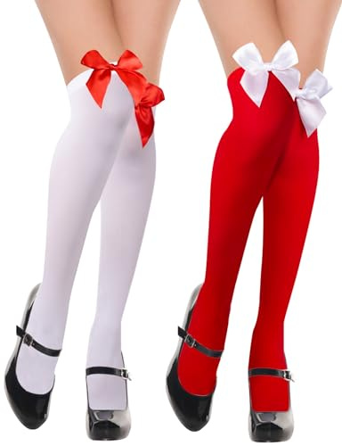 Kiiwah 2 Paires Chaussettes Haute Femme avec Nœud, Bas Autofixant Sexy, Chaussette Montante pour Fête, Vêtements Sexy, Cosplay, Carnaval, Festivals (Rouge, Blanc)