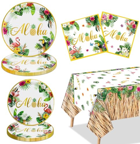 Luau - Decoraciones De Fiesta, 61 Piezas De Decoraciones De Fiesta Hawaiana Con Platos, Mantel De Falda De Hierba, Servilletas Para Fiesta De Verano En La Playa, Fiesta Aloha