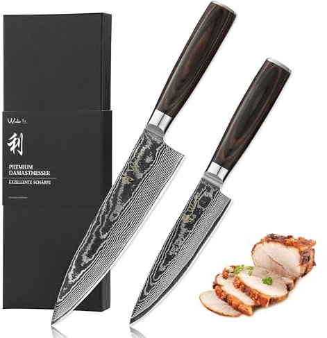 Wakoli EDIB Essentials Santoku Messer Küchenmesser Set (2-teilig) 30 & 24 cm Damastmesser aus 67 Lagen Damaststahl mit Pakkaholzgriff Gemüsemesser inkl. Geschenkbox