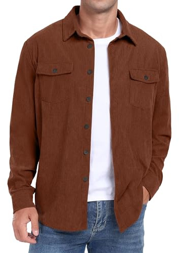 QIXING Camicia da uomo in corduroy, button down, a maniche lunghe, shacket, giacca trucker, autunno inverno, con tasche a patta, Marrone, L