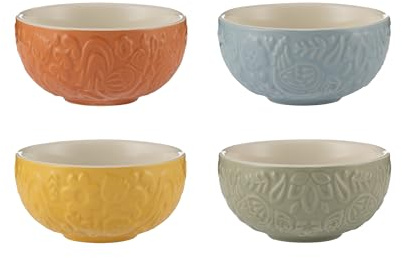 Mason Cash Home to Roost 200ml Preparation Bowls Set of 4 Stoneware Folk-Inspired Hen and Cockerel Style Multicolored Pinch Pots Dip & Dessert Dishes Dishwasher & Microwave Safe Kitchenware